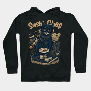 Retro Japanese-Inspired Feline Culinary Cat as Sushi Chef Hoodie